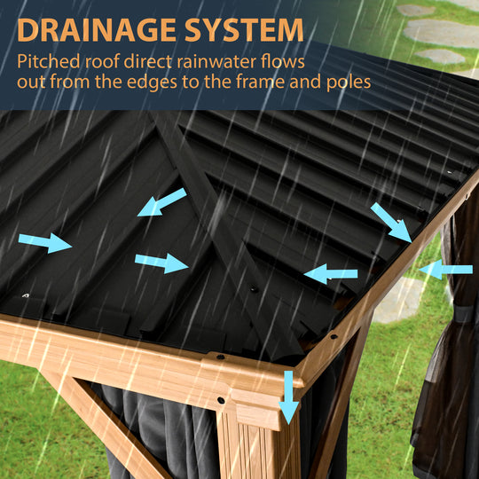 HAPPATIO 12' x 16' Hardtop Gazebo, Outdoor Wood Grain Frame Aluminum Gazebo，Double Roof Permanent Patio Gazebo Canopy with Netting and Curtains for Garden, Patio, Lawns, Parties