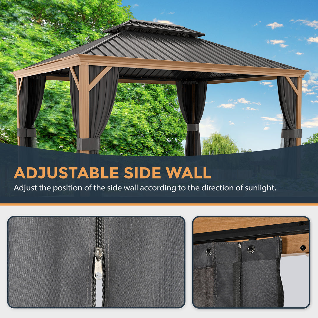 HAPPATIO 12' x 16' Hardtop Gazebo, Outdoor Wood Grain Frame Aluminum Gazebo，Double Roof Permanent Patio Gazebo Canopy with Netting and Curtains for Garden, Patio, Lawns, Parties