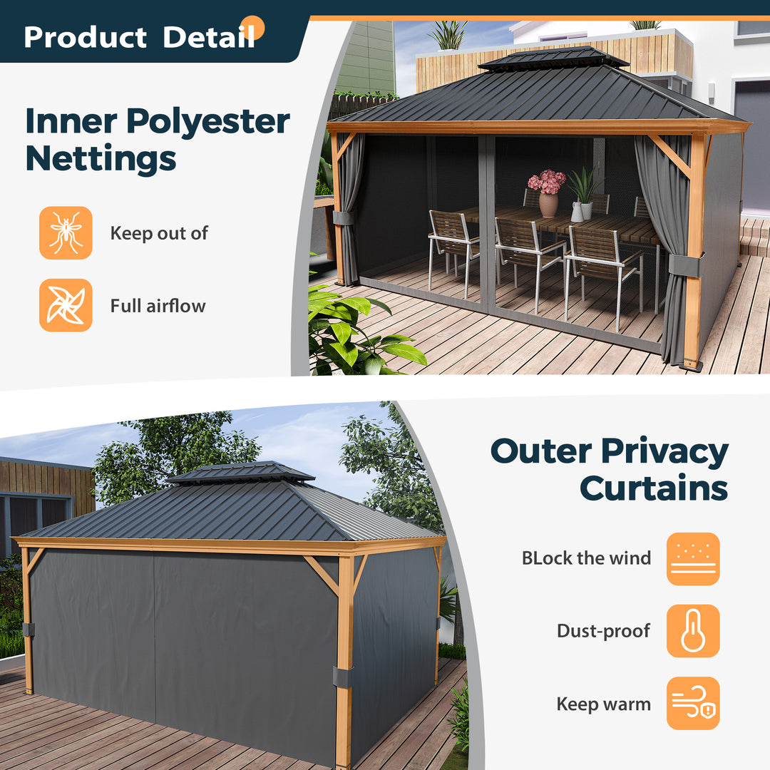 HAPPATIO 12' x 16' Hardtop Gazebo, Outdoor Wood Grain Frame Aluminum Gazebo，Double Roof Permanent Patio Gazebo Canopy with Netting and Curtains for Garden, Patio, Lawns, Parties