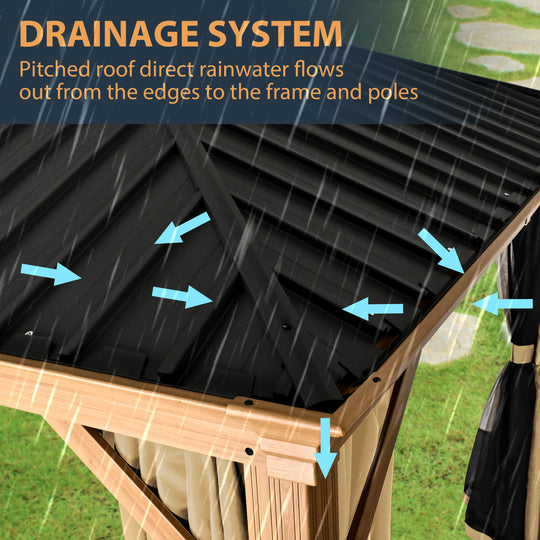 HAPPATIO 12' x 16' Hardtop Gazebo, Outdoor Wood Grain Frame Aluminum Gazebo，Double Roof Permanent Patio Gazebo Canopy with Netting and Curtains for Garden, Patio, Lawns, Parties