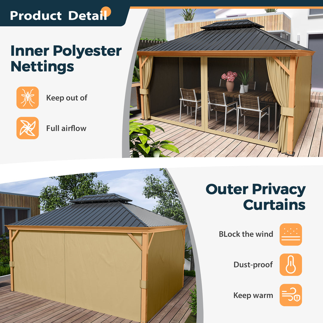 HAPPATIO 12' x 16' Hardtop Gazebo, Outdoor Wood Grain Frame Aluminum Gazebo，Double Roof Permanent Patio Gazebo Canopy with Netting and Curtains for Garden, Patio, Lawns, Parties