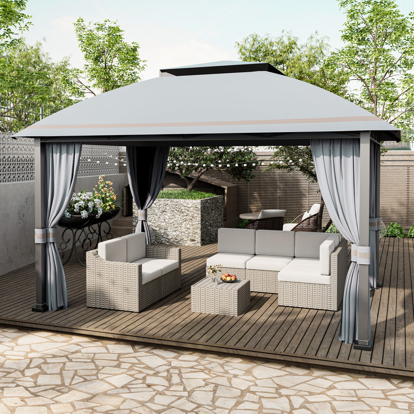 HAPPATIO 10x13 Gazebo, Patio Gazebo with Mosquito Netting and Curtain, Outdoor Gazebo Canopy with Steel Canopy Support and Gray Woodgrain Finish Aluminum Frame for Deck, Garden, Yard
