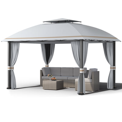 HAPPATIO 10x13 Gazebo, Patio Gazebo with Mosquito Netting and Curtain, Outdoor Gazebo Canopy with Steel Canopy Support and Gray Woodgrain Finish Aluminum Frame for Deck, Garden, Yard