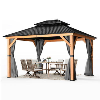 HAPPATIO 11' × 13' Wood Gazebo, Outdoor Hardtop Gazebo with Mosquito Netting and Curtains, Double Metal Roof Patio Gazebo Hard Top Gazebo for Garden, Patio, Deck, Parties