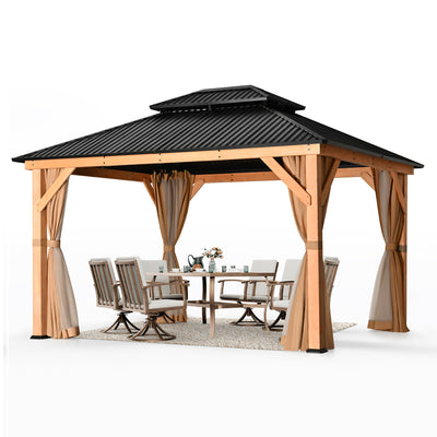 HAPPATIO 11' × 13' Wood Gazebo, Outdoor Hardtop Gazebo with Mosquito Netting and Curtains, Double Metal Roof Patio Gazebo Hard Top Gazebo for Garden, Patio, Deck, Parties