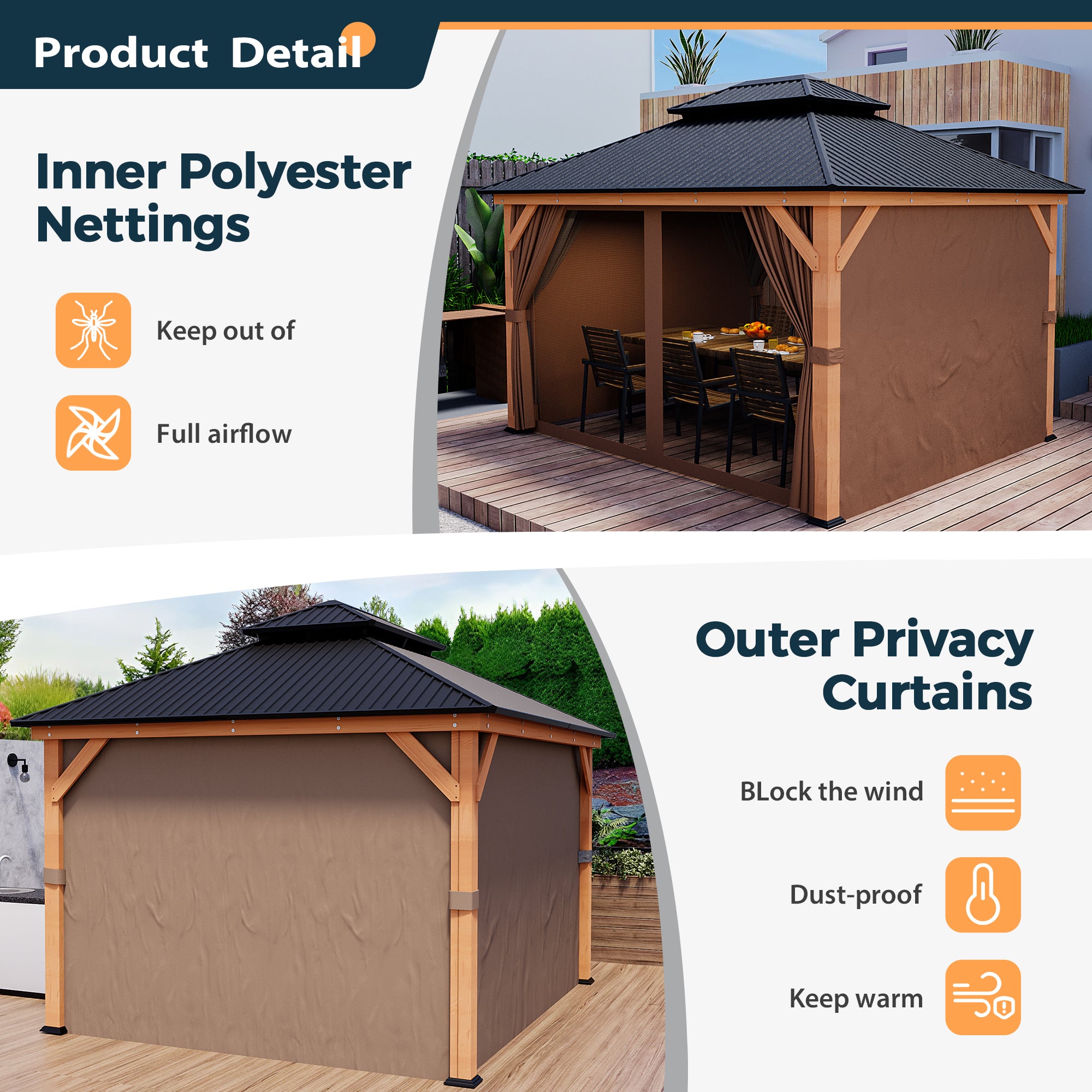 HAPPATIO 11' × 13' Wood Gazebo, Outdoor Hardtop Gazebo with