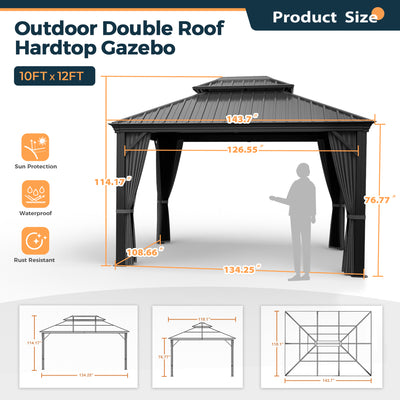HAPPATIO 10' x 12' Hardtop Gazebo, Outdoor Aluminum Gazebo with Galvanized Steel，Double Roof Permanent Patio Metal Gazebo Canopy with Netting and Curtains for Backyard, Patio, Deck, Parties