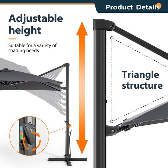 HAPPATIO 10FT Patio Cantilever Umbrella, Outdoor Rectangle Patio Umbrella, Square Hanging Offset Umbrella with 360 Rotation and Cross Base for Backyard