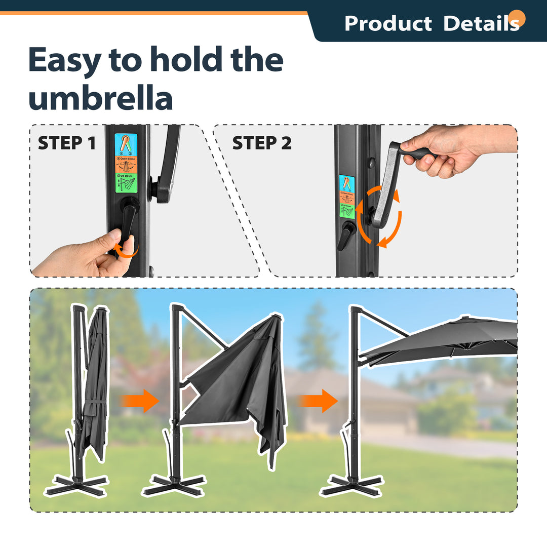 HAPPATIO 10FT Patio Cantilever Umbrella, Outdoor Rectangle Patio Umbrella, Square Hanging Offset Umbrella with 360 Rotation and Cross Base for Backyard