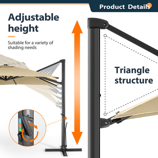 HAPPATIO 10FT Patio Cantilever Umbrella, Outdoor Rectangle Patio Umbrella, Square Hanging Offset Umbrella with 360 Rotation and Cross Base for Backyard