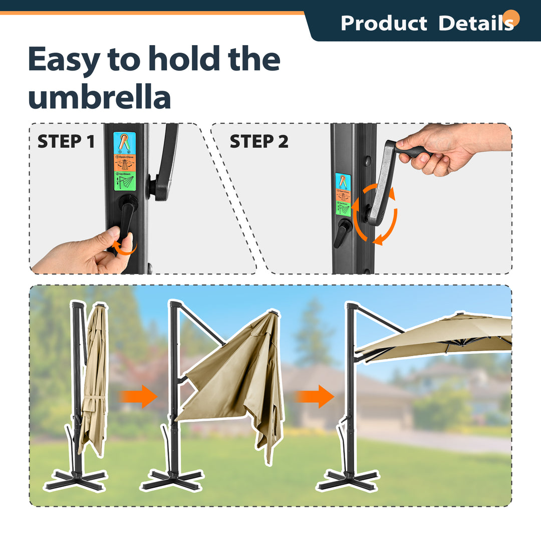 HAPPATIO 10FT Patio Cantilever Umbrella, Outdoor Rectangle Patio Umbrella, Square Hanging Offset Umbrella with 360 Rotation and Cross Base for Backyard