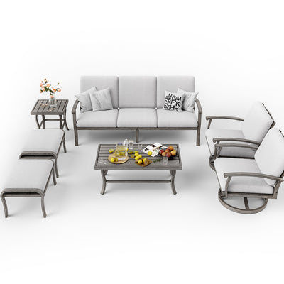 HAPPATIO 7 Piece Aluminum Patio Furniture Set, 3-Seat Outdoor Ottomans and Armchairs, All-Weather Outdoor Sectional Sofa with Side Table and Coffee Table, Garden Conversation Set for Lawn Deck (Gray)