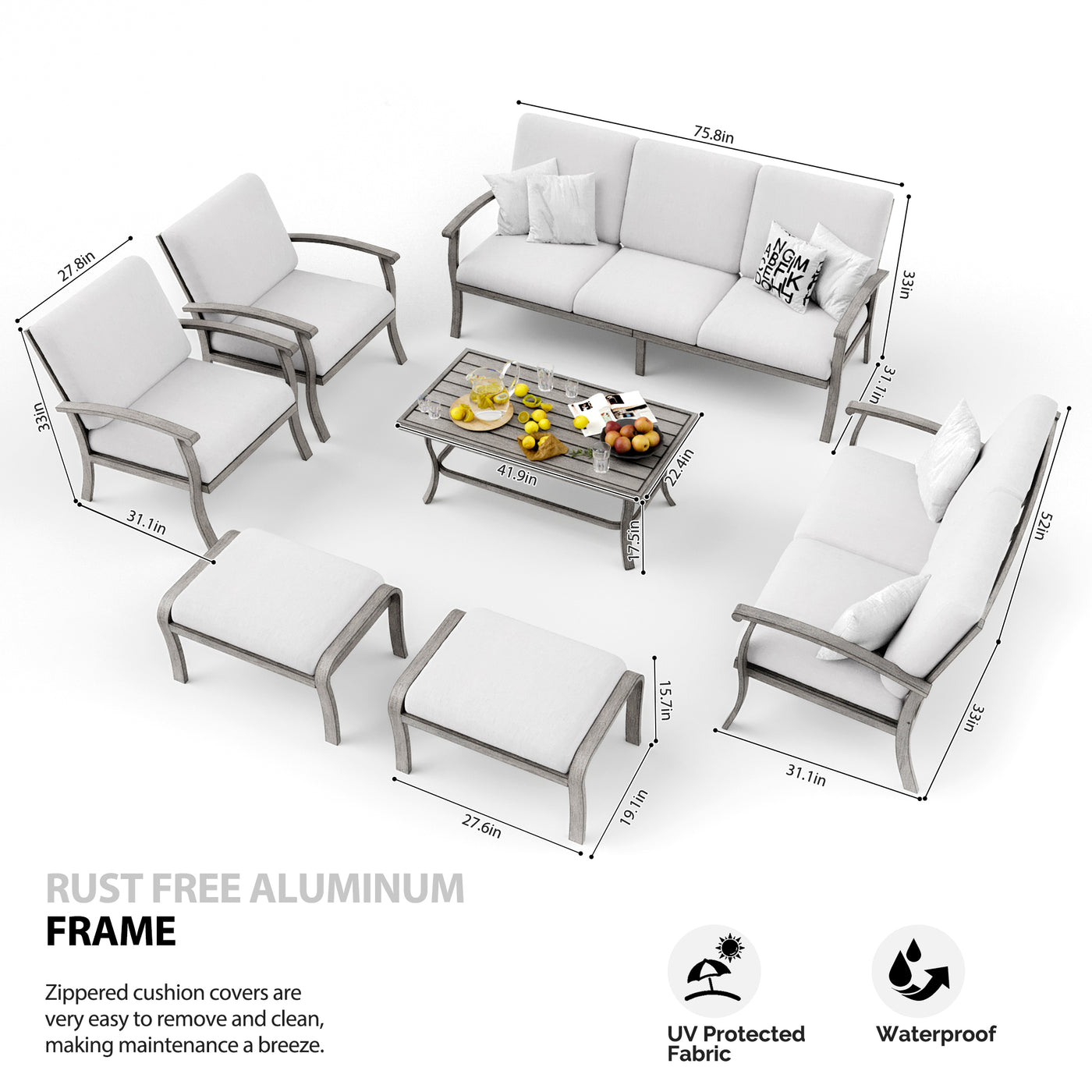 HAPPATIO 7 Piece Aluminum Patio Furniture Set, 3-Seat Outdoor Ottomans and Armchairs, All-Weather Outdoor Sectional Sofa with Side Table and Coffee Table, Garden Conversation Set for Lawn Deck (Gray)