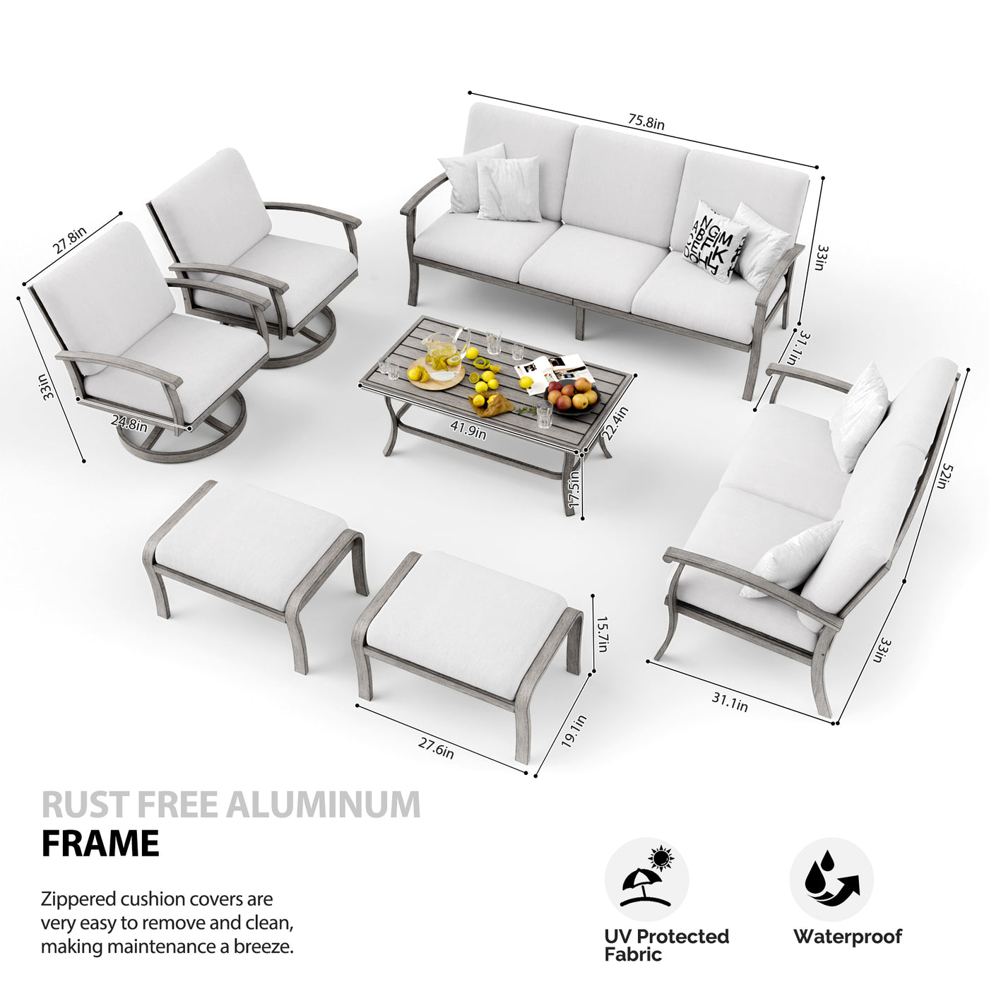 HAPPATIO 7 Piece Aluminum Patio Furniture Set, 3-Seat Outdoor Ottomans and Armchairs, All-Weather Outdoor Sectional Sofa with Side Table and Coffee Table, Garden Conversation Set for Lawn Deck (Gray)