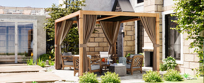 HAPPATIO Louvered Pergola 10x13 Outdoor Pergola, Woodgrain-Look Metal Pergola with Adjustable Rainproof Roof, Patio Pergola with Curtains and Mosquito Nets
