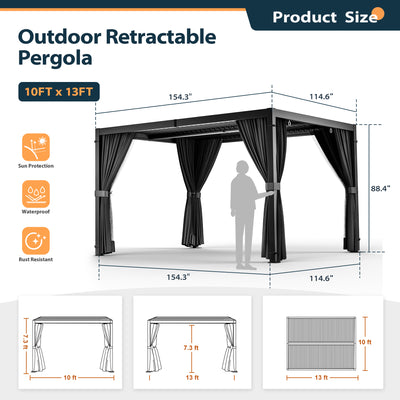 HAPPATIO Louvered Pergola 10x13 Outdoor Pergola, Woodgrain-Look Metal Pergola with Adjustable Rainproof Roof, Patio Pergola with Curtains and Mosquito Nets