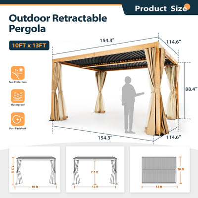 HAPPATIO Louvered Pergola 10x13 Outdoor Pergola, Woodgrain-Look Metal Pergola with Adjustable Rainproof Roof, Patio Pergola with Curtains and Mosquito Nets