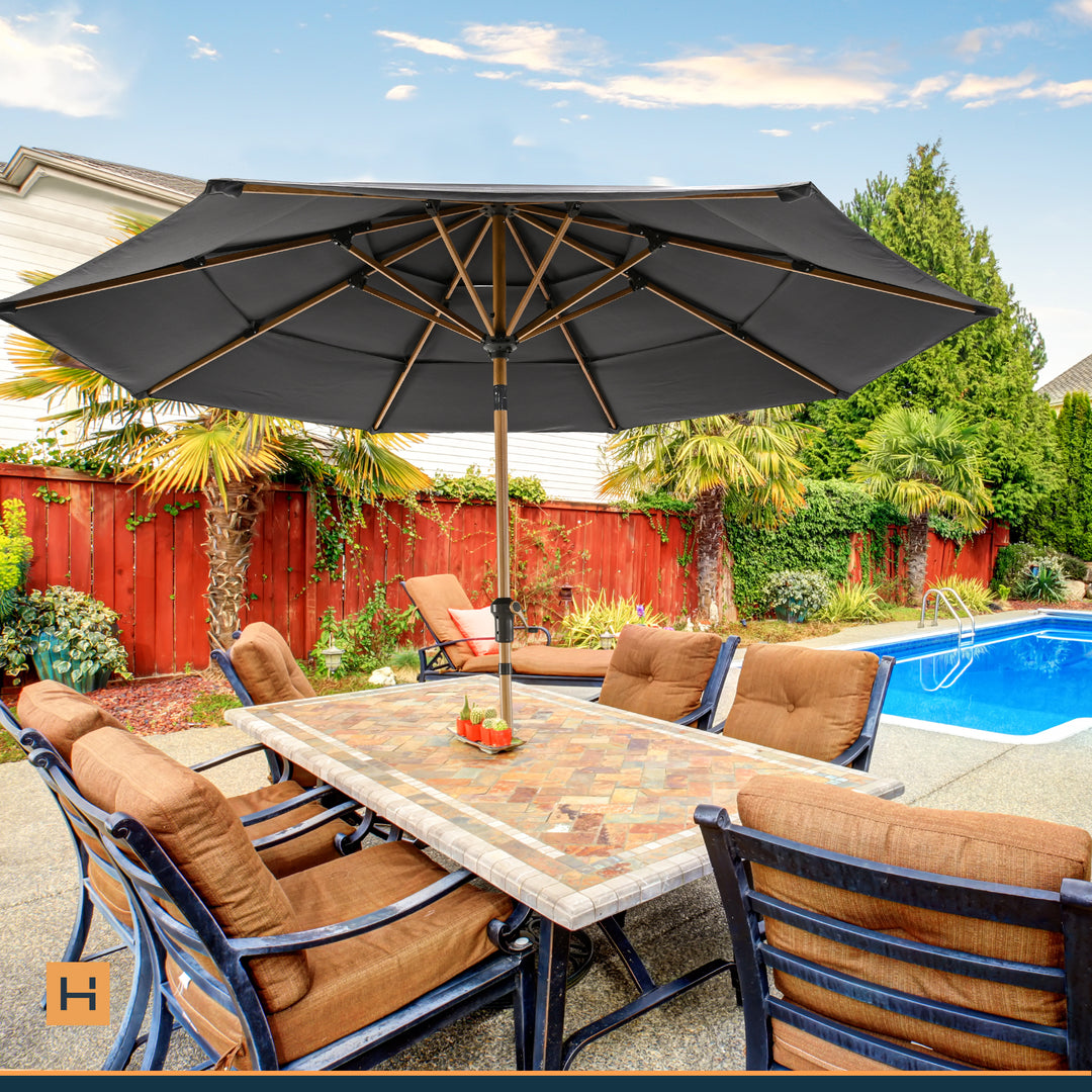 grey patio table umbrella HAPPATIO 9FT Patio Umbrella Outdoor Umbrella 3 Tier Vented Wood Grain Outdoor Table Umbrella, Outdoor Patio Umbrella with 250GSM Yarn Dyed Acrylic